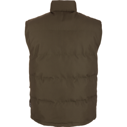 Throwback 80 Featherless Puffer Vest close-up, showcasing its waterproof, windproof polyester material, fleece collar lining, and durable brass snaps, designed for warmth and comfort.