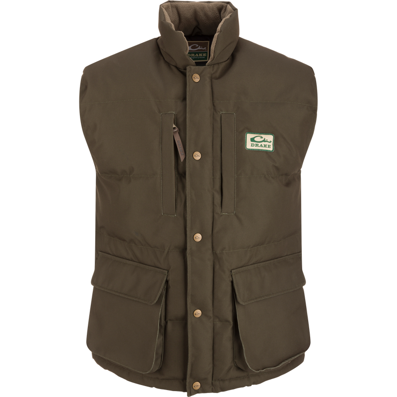Throwback 80 Featherless Puffer Vest with fleece collar, large pockets, and durable snaps. Waterproof and insulated for warmth and comfort.