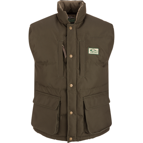Throwback 80 Featherless Puffer Vest with fleece collar, large pockets, and durable snaps. Waterproof and insulated for warmth and comfort.