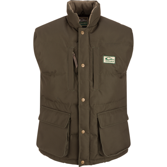 Throwback 80 Featherless Puffer Vest with fleece collar, large pockets, and durable snaps. Waterproof and insulated for warmth and comfort.