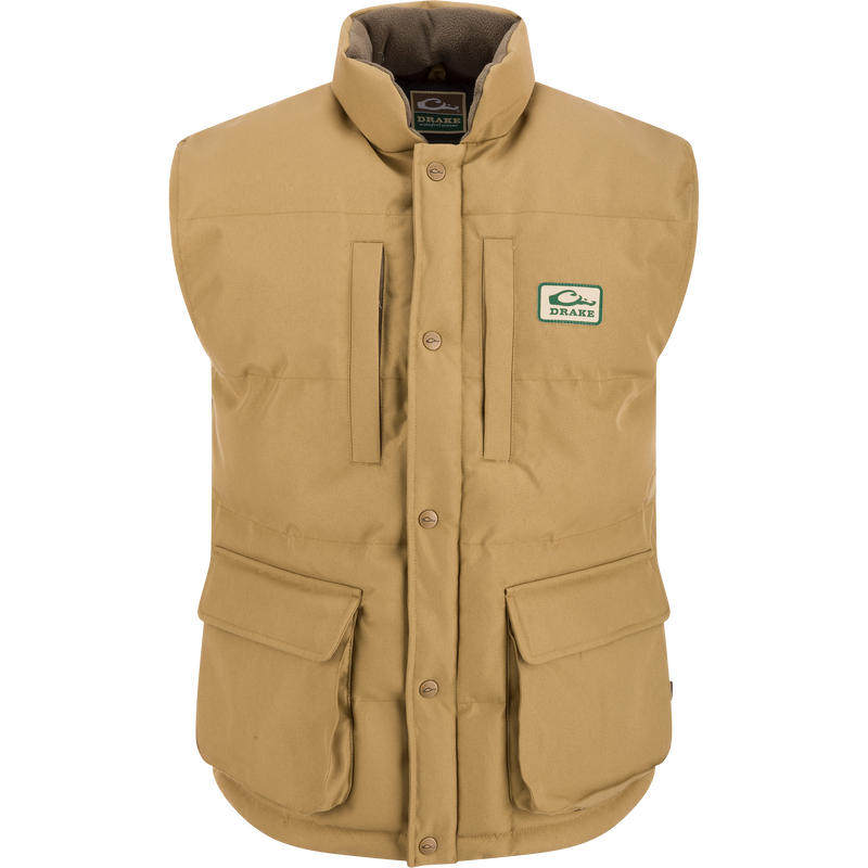 Throwback 80 Featherless Puffer Vest featuring a logo, fleece collar, and large pockets, showcasing durable design with waterproof and windproof polyester material.