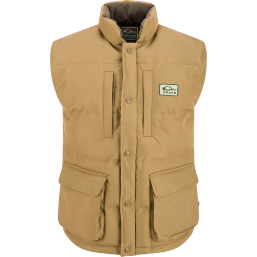 Throwback 80 Featherless Puffer Vest featuring a logo, fleece collar, and large pockets, showcasing durable design with waterproof and windproof polyester material.