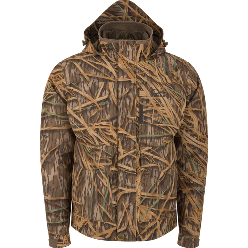LST Hardline 3-in-1 Jacket in marsh camouflage, features multiple pockets, adjustable cuffs, and a zip closure, designed for versatile waterfowl hunting protection.