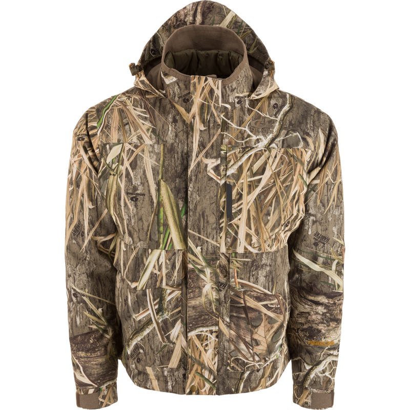 LST Hardline 3-in-1 Jacket on a mannequin, featuring a realistic camo print, zip closure, storm flap, chest pockets, and adjustable cuffs for versatile outdoor protection.