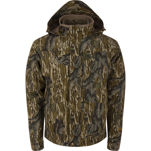 LST Hardline 3-in-1 Jacket in tree-bark camouflage, featuring a hood, high collar, zip-and-snap front, multiple pockets, and adjustable cuffs for versatile hunting protection.