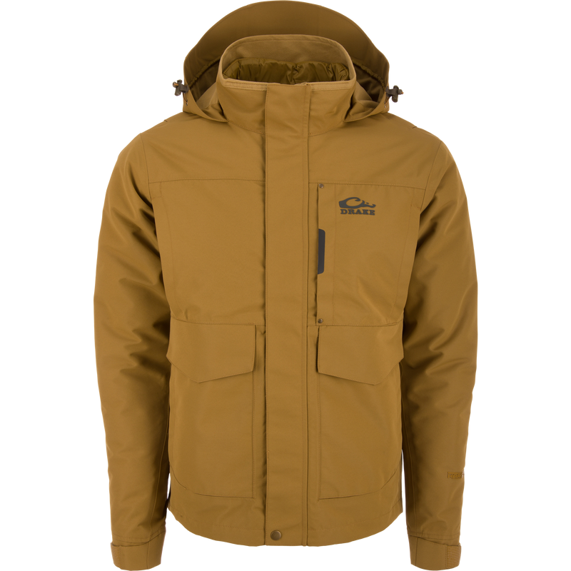 Drake LST Hardline 3-in-1 Jacket, featuring a hood, covered zipper, flap pockets, zippered chest pocket, and adjustable cuffs, ideal for adaptable outdoor protection.