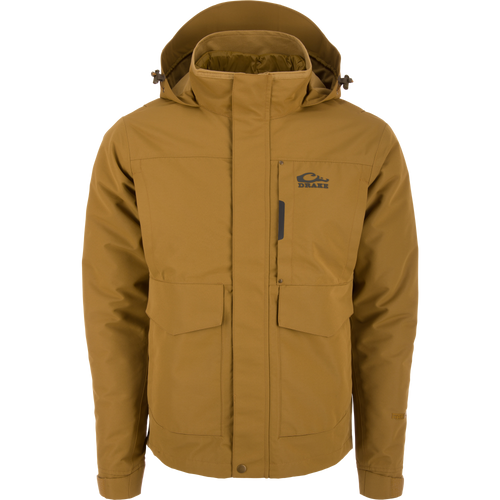 Drake LST Hardline 3-in-1 Jacket, featuring a hood, covered zipper, flap pockets, zippered chest pocket, and adjustable cuffs, ideal for adaptable outdoor protection.