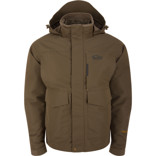 LST Hardline 3-in-1 Jacket by Drake, featuring a high collar, hood, and multiple pockets, designed for adaptable outdoor protection in hunting and fishing activities.