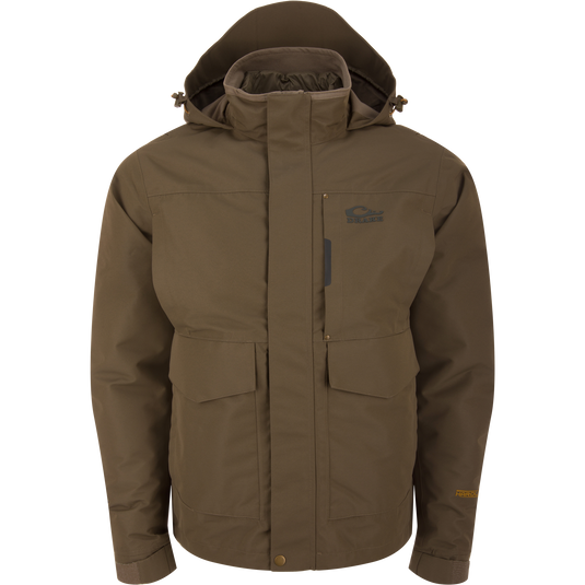 LST Hardline 3-in-1 Jacket by Drake, featuring a high collar, hood, and multiple pockets, designed for adaptable outdoor protection in hunting and fishing activities.
