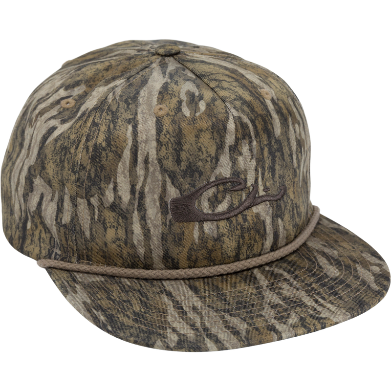 Drake X Richardson 256XE Flatbill Cap with tree-bark camouflage, featuring a twisted cord, embroidered logo, and adjustable snapback for a comfortable, classic fit.