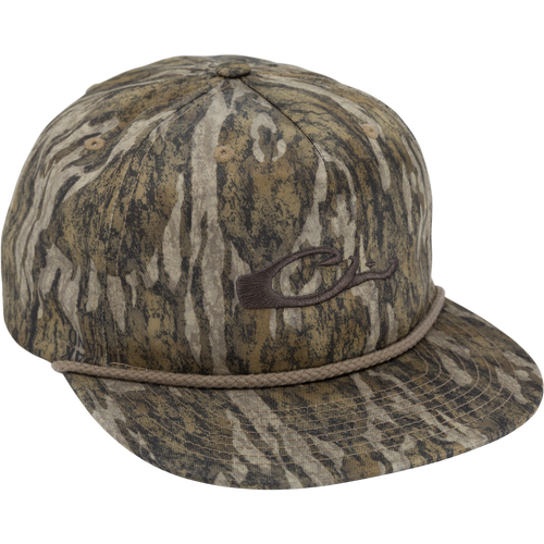 Drake X Richardson 256XE Flatbill Cap with tree-bark camouflage, featuring a twisted cord, embroidered logo, and adjustable snapback for a comfortable, classic fit.