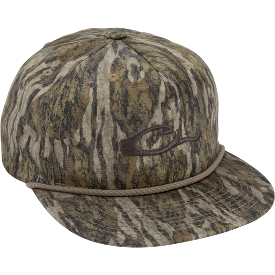 Drake X Richardson 256XE Flatbill Cap with tree-bark camouflage, featuring a twisted cord, embroidered logo, and adjustable snapback for a comfortable, classic fit.