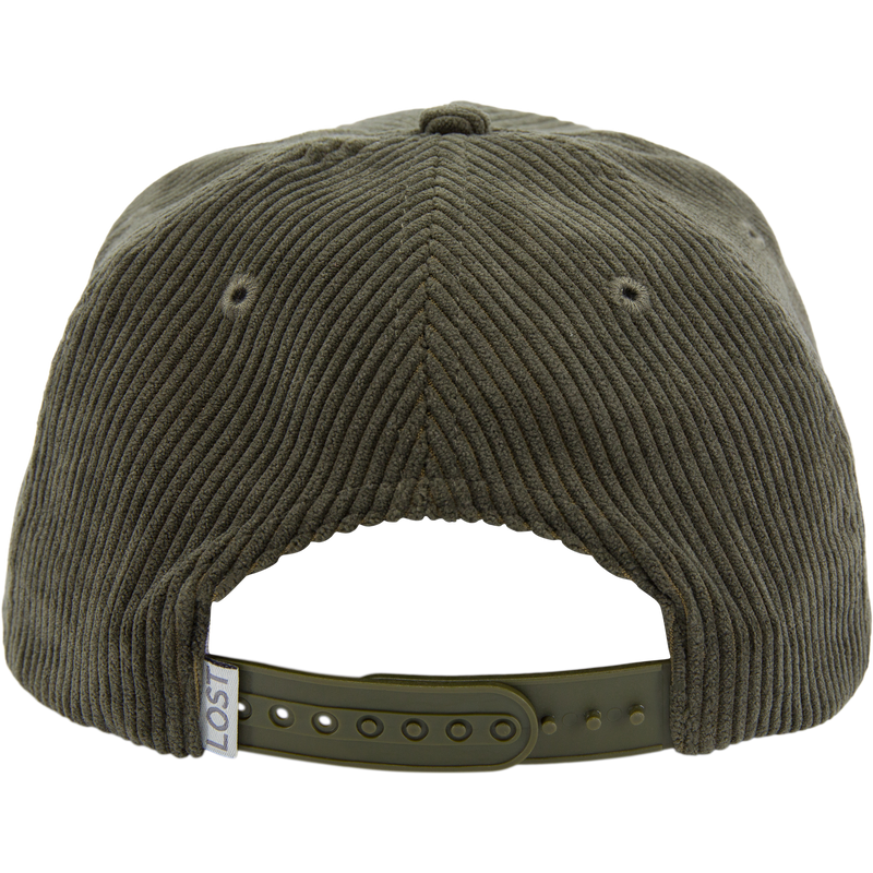 Back view of Drake X LOST Hat Goat Rope Corduroy Cap, featuring an adjustable snap-closure strap and a woven LOST tag, highlighting rugged outdoor style.