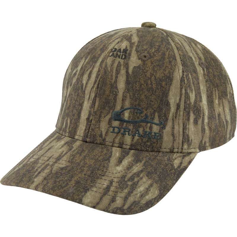 Camouflage-patterned Side Logo Cap with DRAKE embroidery, featuring a structured pro-round crown and slightly pre-curved brim, made from durable cotton twill.