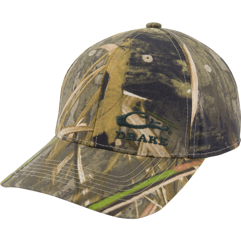 Camouflage-patterned Side Logo Cap with DRAKE and duck graphic, featuring a pro-round crown and structured fit in durable cotton twill.