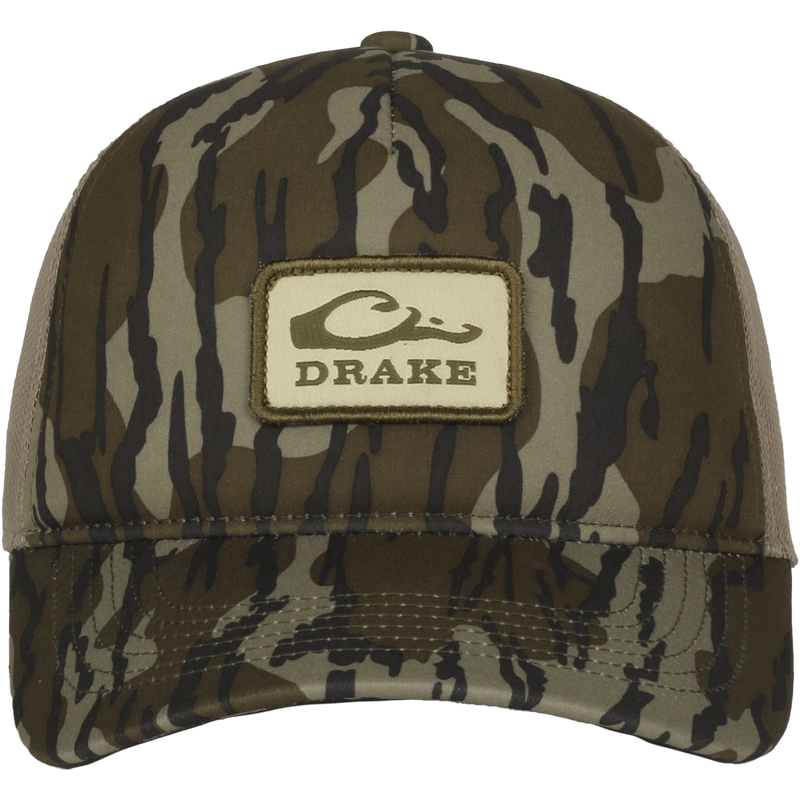 Foam Trucker Logo Cap with camo pattern, featuring a DRAKE patch. Offers a pre-curved visor, mesh back, and plastic snap closure for comfort and style.