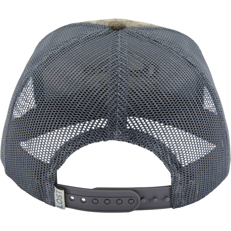 Drake X LOST SA7AGE 7 Panel Cap, rear view showing mesh-back, top button, and adjustable snap closure, highlighting its modern, structured silhouette and versatile design.