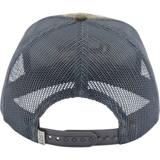 Drake X LOST SA7AGE 7 Panel Cap, rear view showing mesh-back, top button, and adjustable snap closure, highlighting its modern, structured silhouette and versatile design.