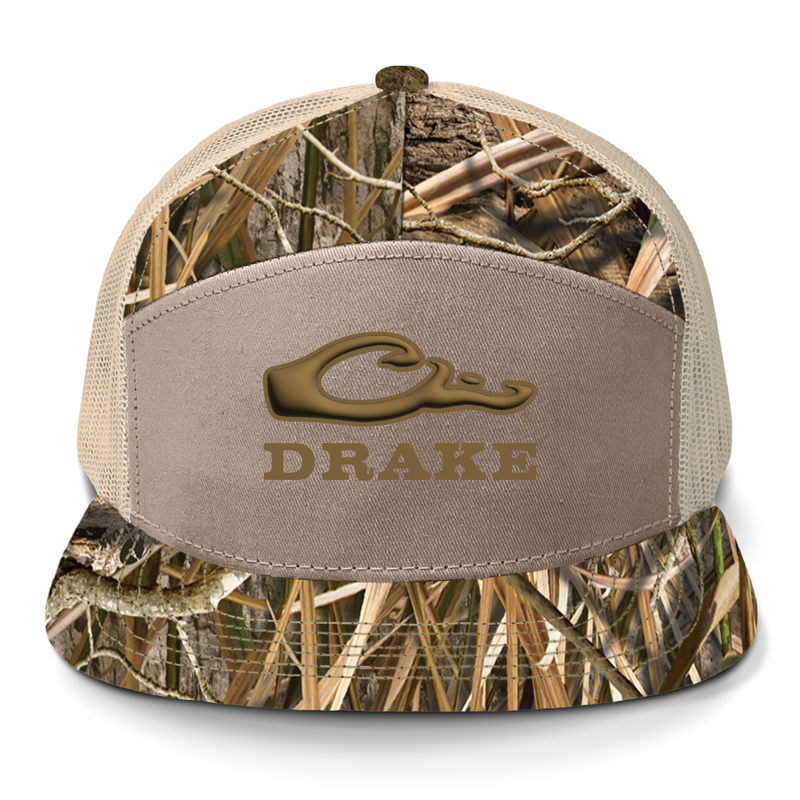 Drake X LOST SA7AGE 7 Panel Cap featuring a tan front with logo, camo print bill, and tan mesh back, designed for versatile, everyday wear.