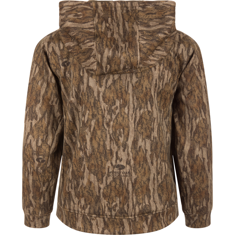 Youth Performance Hoodie in Mossy Oak Bottomland pattern, showcasing a camo design and lined hood, ideal for outdoor pursuits with its stretchable, anti-pilling fabric.