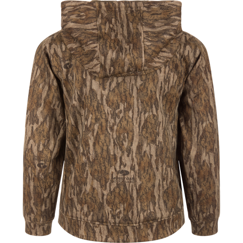 Youth Performance Hoodie in Mossy Oak Bottomland pattern, showcasing a camo design and lined hood, ideal for outdoor pursuits with its stretchable, anti-pilling fabric.