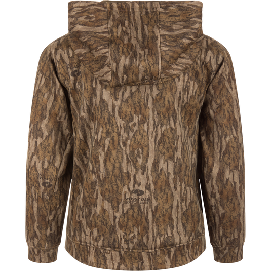 Youth Performance Hoodie in Mossy Oak Bottomland pattern, showcasing a camo design and lined hood, ideal for outdoor pursuits with its stretchable, anti-pilling fabric.