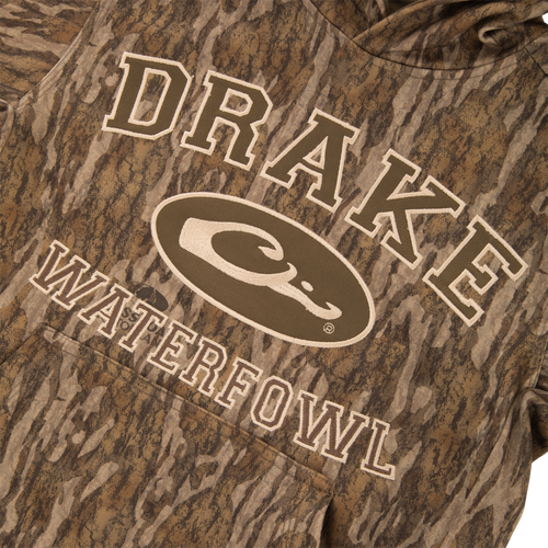 Youth Performance Hoodie with DRAKE and WATERFOWL text, featuring the Purewhitelaneshop logo. Includes kangaroo pocket and lined hood for warmth and flexibility.