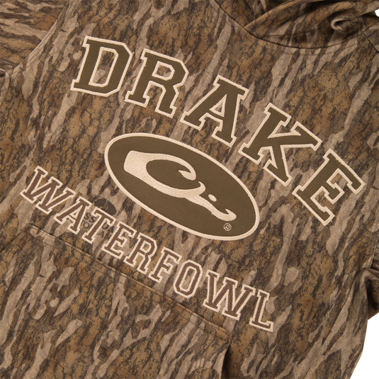 Youth Performance Hoodie with DRAKE and WATERFOWL text, featuring the Purewhitelaneshop logo. Includes kangaroo pocket and lined hood for warmth and flexibility.