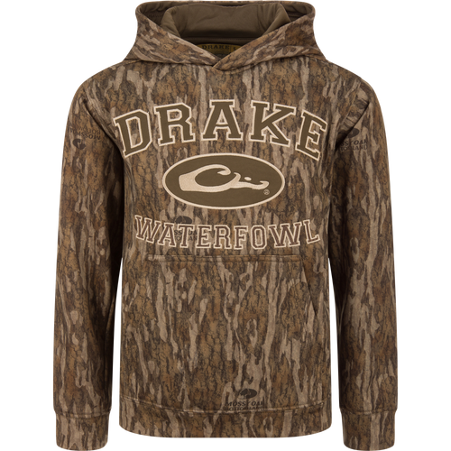 Youth Performance Hoodie with camo pattern, DRAKE branding, oval logo, kangaroo pocket, and lined hood for waterfowl hunting; features polyester/spandex anti-pilling fleece for flexibility.