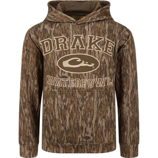 Youth Performance Hoodie with camo pattern, DRAKE branding, oval logo, kangaroo pocket, and lined hood for waterfowl hunting; features polyester/spandex anti-pilling fleece for flexibility.