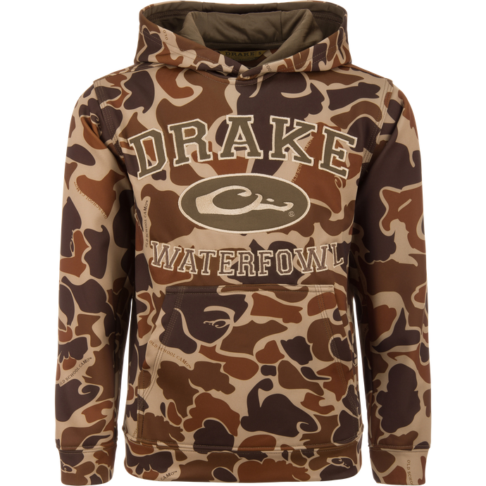 Youth Performance Hoodie in camouflage pattern, featuring Purewhitelaneshop text, kangaroo pocket, and lined hood, designed for comfort and versatility in outdoor activities.