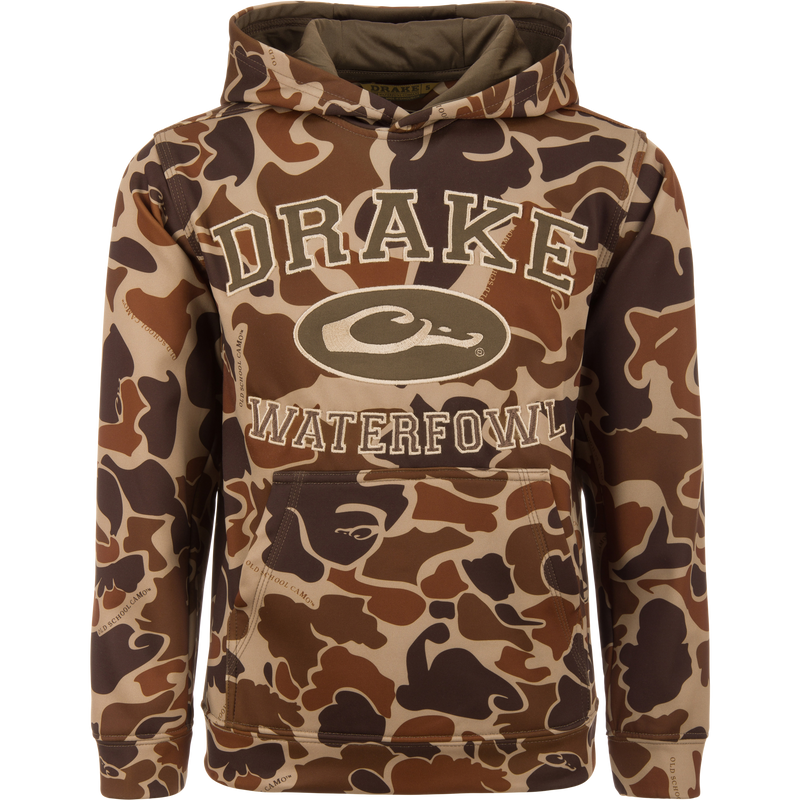Youth Performance Hoodie in camouflage pattern, featuring Purewhitelaneshop text, kangaroo pocket, and lined hood, designed for comfort and versatility in outdoor activities.