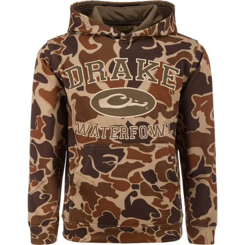 Youth Performance Hoodie in camouflage pattern, featuring Purewhitelaneshop text, kangaroo pocket, and lined hood, designed for comfort and versatility in outdoor activities.