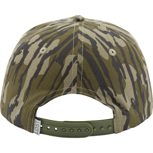 Drake X Lost Hat Hybrid Goat Rope Cap features a camo-patterned design with snap-back closure, showcasing durable 100% cotton and paracord for hunting enthusiasts.