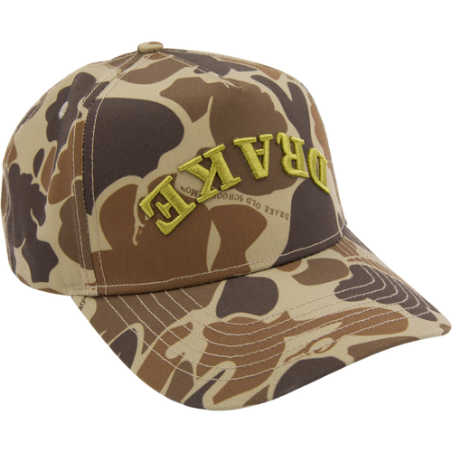 Drake X Lost Hat Easy 5 Panel Cap with camouflage design, chartreuse-yellow DRAKE embroidery, curved bill, and snapback closure for a stylish, comfortable fit.