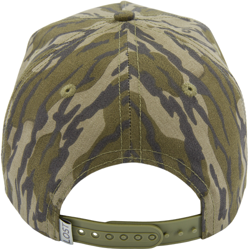 Drake X Lost Hat Easy 5 Panel Cap features a camouflage pattern and adjustable olive green snapback strap, offering style and comfort with its mid-crown design.