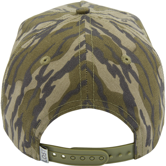 Drake X Lost Hat Easy 5 Panel Cap features a camouflage pattern and adjustable olive green snapback strap, offering style and comfort with its mid-crown design.
