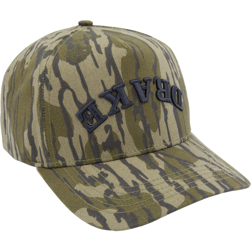 Drake X Lost Hat Easy 5 Panel Cap with tiger-stripe camo, raised embroidery, curved bill, and snapback closure, showcasing style and comfort in hunting headwear.