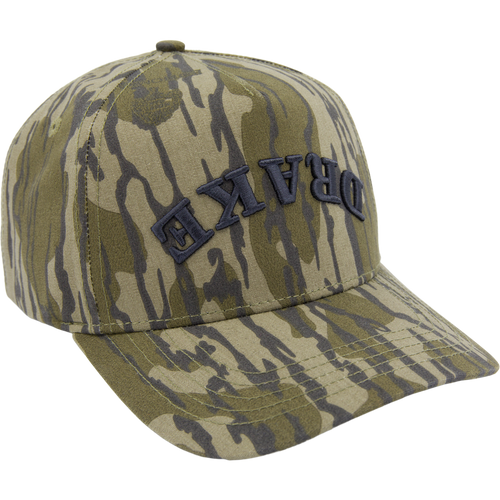 Drake X Lost Hat Easy 5 Panel Cap with tiger-stripe camo, raised embroidery, curved bill, and snapback closure, showcasing style and comfort in hunting headwear.