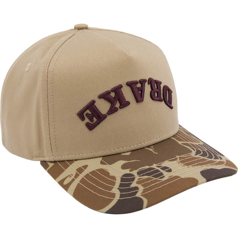 Drake X Lost Hat Easy 5 Panel Cap with tan crown, camouflage bill, maroon DRATE embroidery; features snapback closure and curved bill for comfort and style.