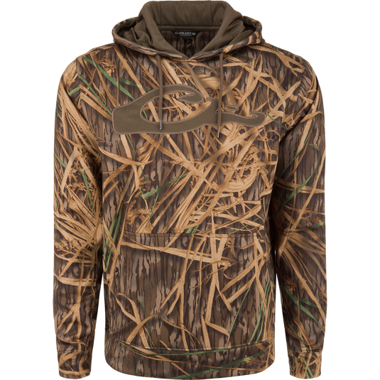 Performance 8-Shot Hoodie with camo pattern, kangaroo pocket, and drawstring hood, featuring Drake label. Made of durable, stretchy polyester-spandex fleece for comfort and mobility.
