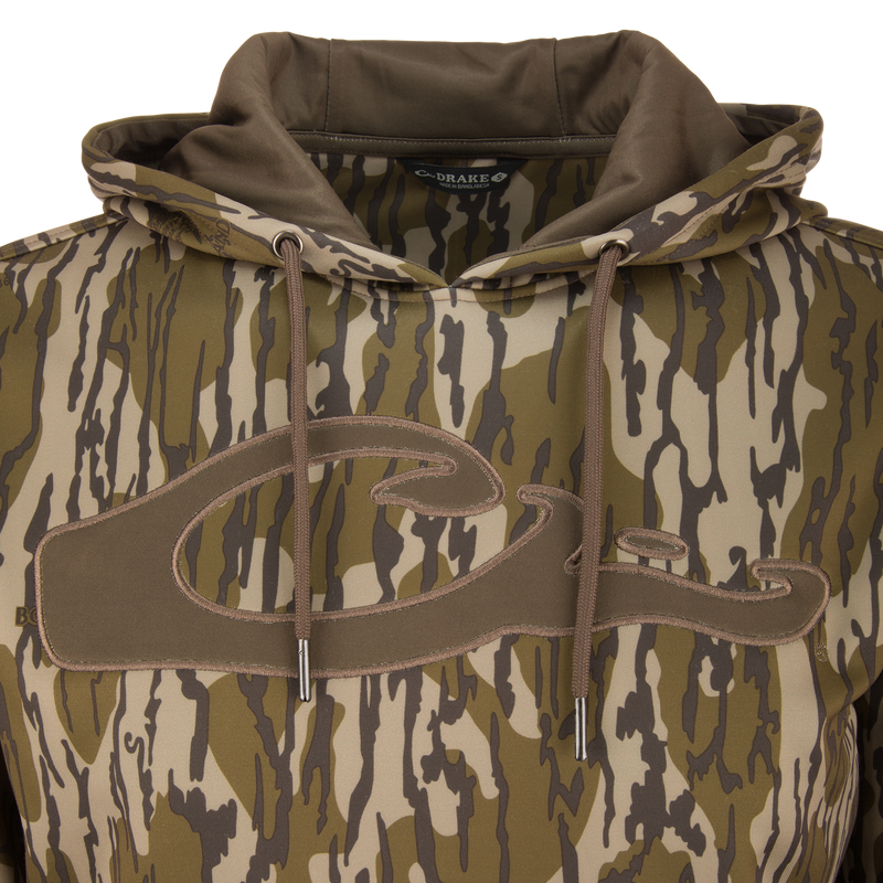 Performance 8-Shot Hoodie with camouflage pattern, drawstring hood, kangaroo pocket, sewn-on logo; crafted for durability and flexibility with anti-pilling, stretch fleece.
