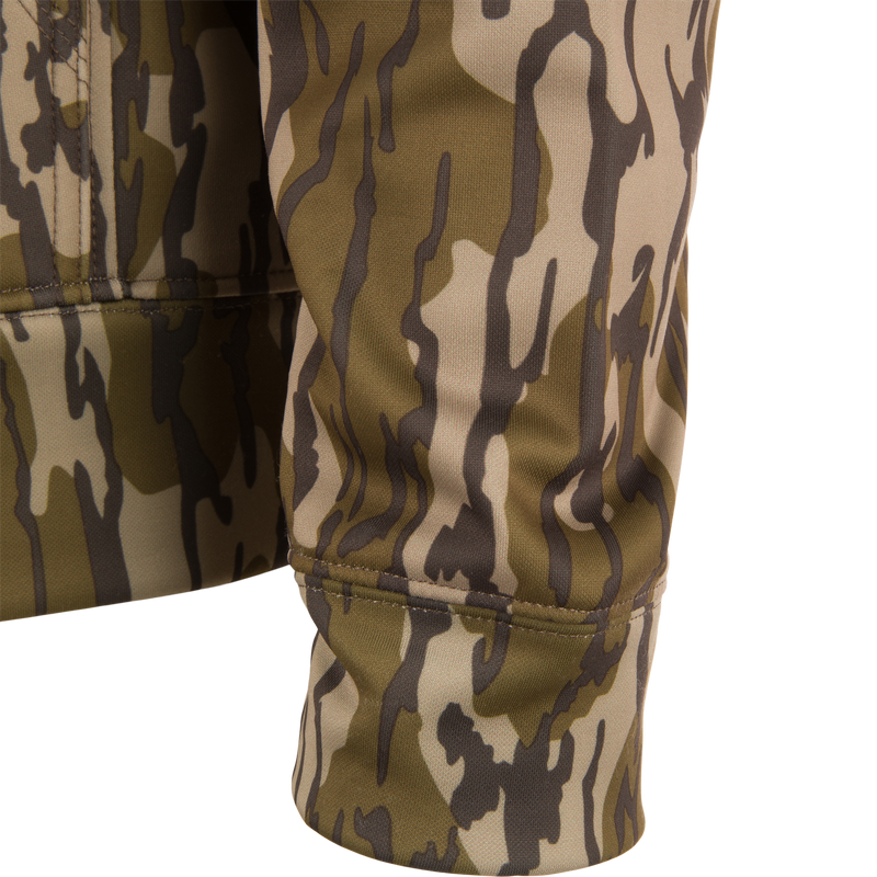 Close-up of the Performance 8-Shot Hoodie sleeve, showcasing camouflage pattern, durable stitching, and cuff, highlighting its stretch and anti-pilling fleece design.
