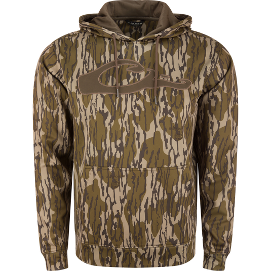 Performance 8-Shot Hoodie in bark camo, featuring a drawstring hood, kangaroo pocket, and anti-pilling stretch fleece, ideal for hunting and outdoor activities.
