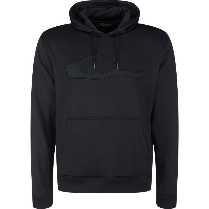 Performance 8-Shot Hoodie with drawstring hood, kangaroo pocket, and tonal chest graphic, made from durable, stretchy fleece for comfort and mobility.