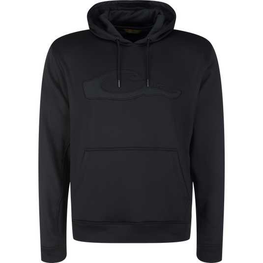 Performance 8-Shot Hoodie with drawstring hood, kangaroo pocket, and tonal chest graphic, made from durable, stretchy fleece for comfort and mobility.