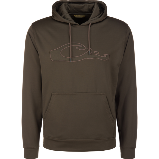 Performance 8-Shot Hoodie with a drawstring hood, kangaroo pocket, and raised-stitch chest logo, designed for durability and flexibility with anti-pilling fleece.
