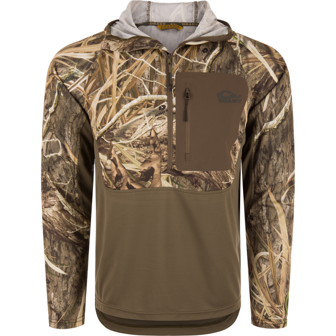 Drake EST Performance Half-Zip Hoodie with camo print, featuring a zippered chest pocket and ergonomic thumbholes, designed for breathable, UV-protected outdoor performance.