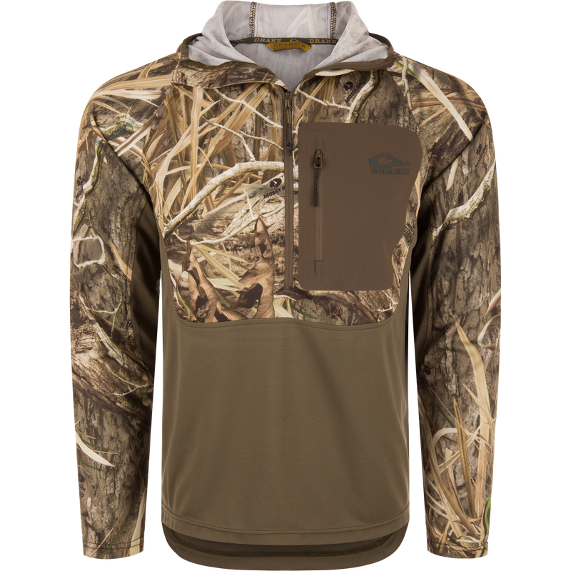 Drake EST Performance Half-Zip Hoodie with camo print, featuring a zippered chest pocket and ergonomic thumbholes, designed for breathable, UV-protected outdoor performance.