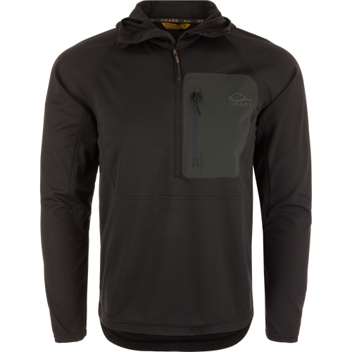 Men’s EST Performance Half-Zip Hoodie with ergonomic thumbholes, waterproof chest pocket, and breathable knit fabric, ideal for outdoor activities and UV protection.